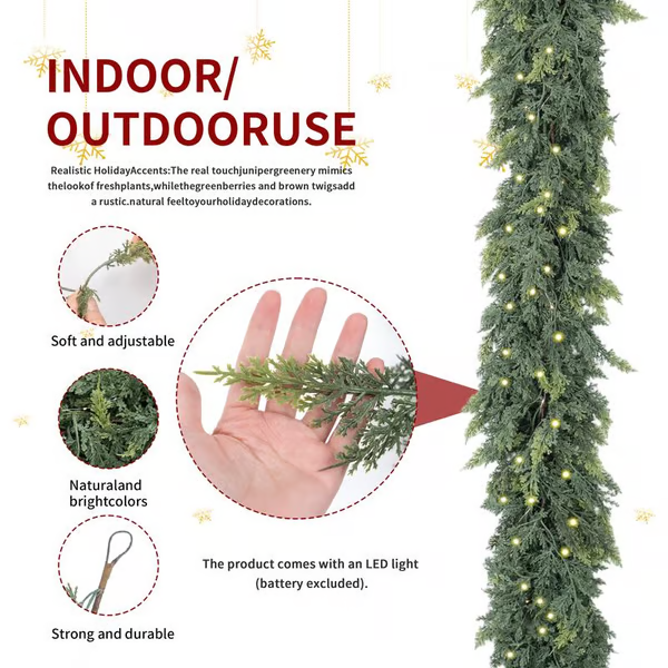 🏆Flash Sale⚡🌲6FT Pre-Lit Christmas Cedar Garland with LED Lights – Realistic Greenery for Indoor & Outdoor Holiday Decor🌿