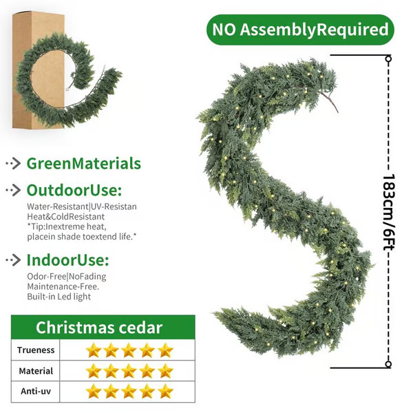 🏆Flash Sale⚡🌲6FT Pre-Lit Christmas Cedar Garland with LED Lights – Realistic Greenery for Indoor & Outdoor Holiday Decor🌿