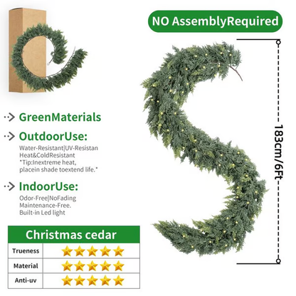 🏆Flash Sale⚡🌲6FT Pre-Lit Christmas Cedar Garland with LED Lights – Realistic Greenery for Indoor & Outdoor Holiday Decor🌿